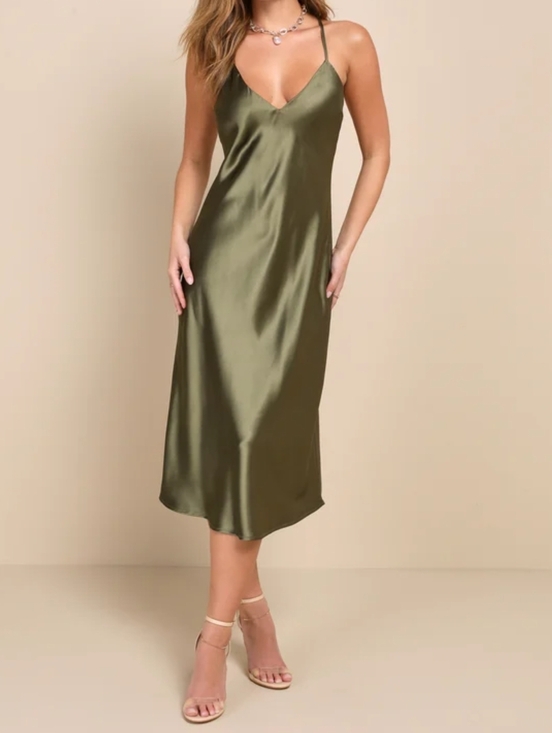 Lulus Exquisitely Chic Olive Green Satin Backless Slip Midi Dress, XS